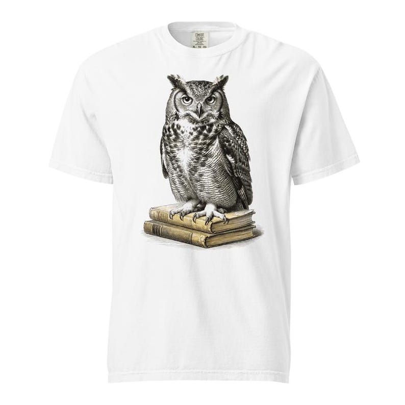 Great Horned Owl Shirt, Owl on Books Tee, Comfort Colors Owl Lover T-shirt, Dark Academia Owl Shirt, Librarian Owl Tee Gift image 3