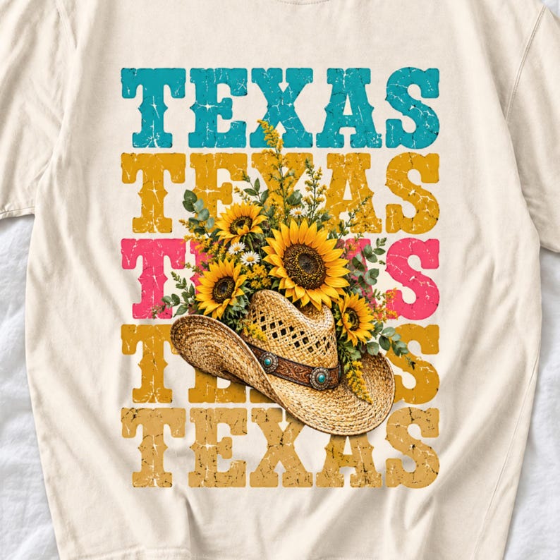 Straw cowboy hat full of sunflowers over a five-line stacked TEXAS word in retro western colors