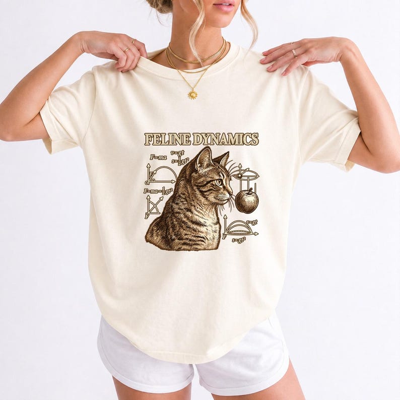 Comfort Colors Science Cat Shirt, Feline Dynamics Tee, Retro Physics Cat T-shirt, Physics Teacher Cat Tee, Engraved Tabby Cat Shirt