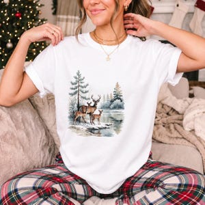 Comfort Colors Winter Deer Family Shirt, Watercolor Deer Tee, Snowy Lake Deer T-shirt, Nature Lover Winter Shirt, Deer Lover Gift Tee