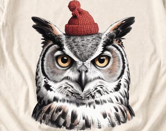 Comfort Colors Owl Santa Hat Shirt, Sketch Owl Christmas Tee, Great Horned Owl Winter T-shirt, Owl Lover Holiday Shirt, Bird Lover Owl Tee