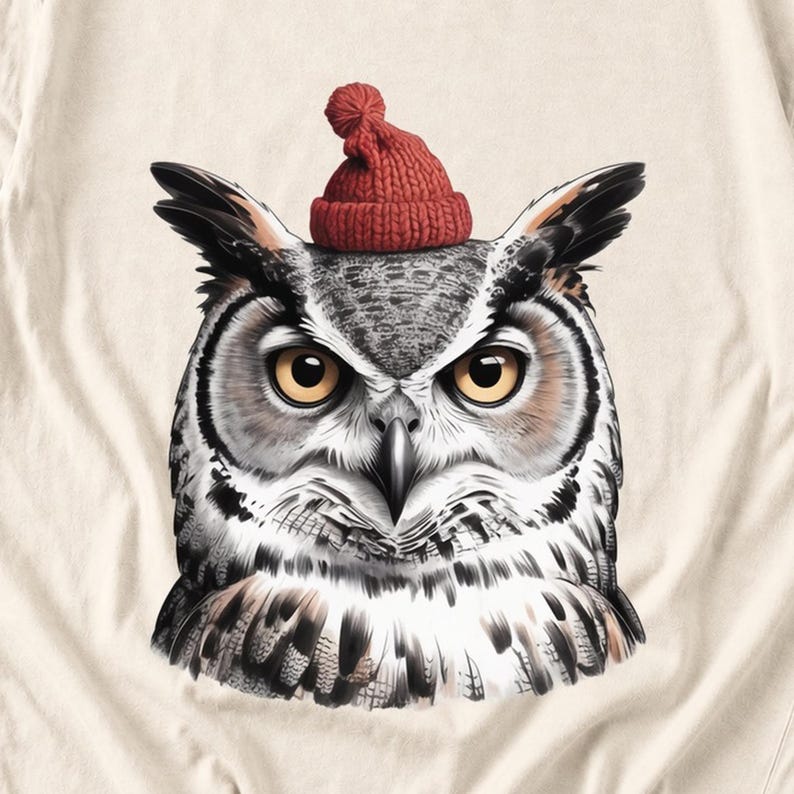 Comfort Colors Owl Santa Hat Shirt, Sketch Owl Christmas Tee, Great Horned Owl Winter T-shirt, Owl Lover Holiday Shirt, Bird Lover Owl Tee