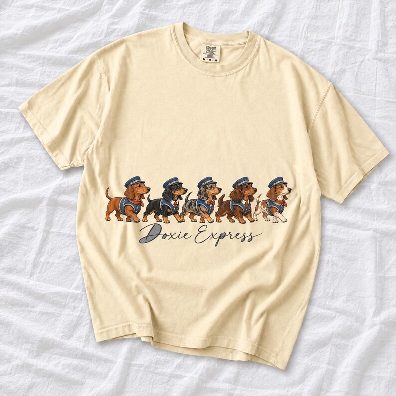 Illustrated dachshunds in conductor hats lined up like a train, text Doxie Express