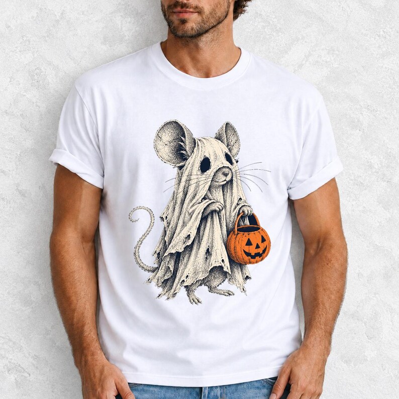 Etched pen illustration of a small mouse in a sheet ghost costume holding a candy bucket, bone white with orange accent