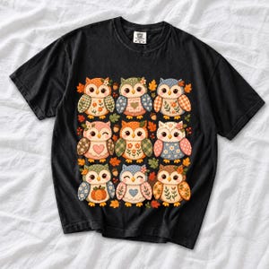 Grid of chubby owls with quilted patchwork wings, acorns and leaves in pumpkin, sage and dusty blue autumn colors