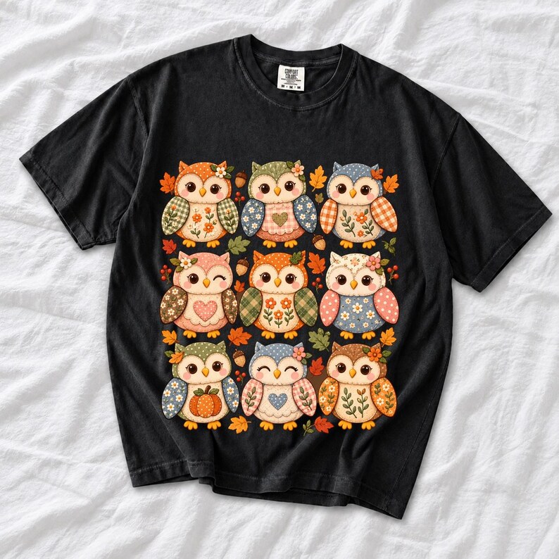 Grid of chubby owls with quilted patchwork wings, acorns and leaves in pumpkin, sage and dusty blue autumn colors