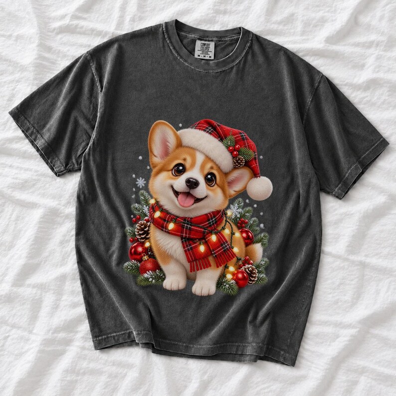 Comfort Colors Christmas Corgi Puppy Shirt, Cute Corgi Santa Hat Tee, Corgi Lover Christmas T-shirt, Corgi Mom Holiday Shirt