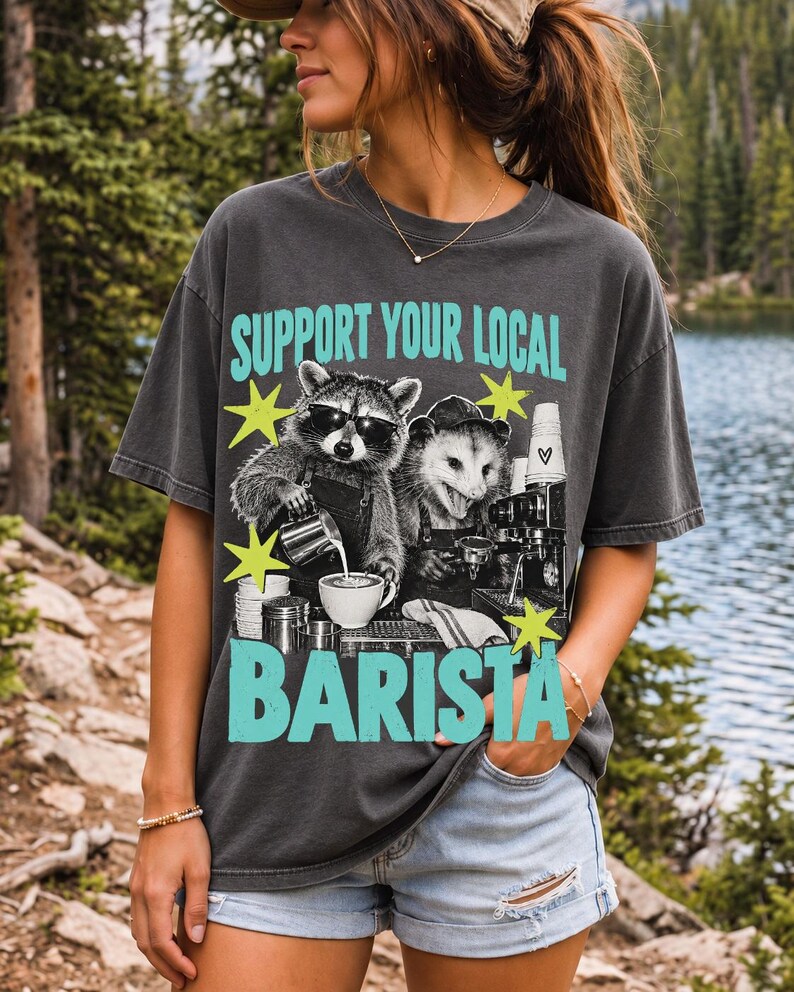 Raccoon and opossum behind an espresso machine, zine collage, text "Support Your Local Barista"