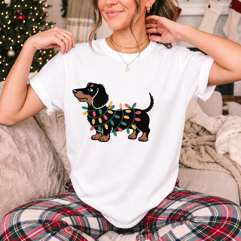 Comfort Colors Dachshund Christmas Lights Shirt, Funny Doxie Christmas Tee, Wiener Dog Christmas T-shirt, Dachshund Mom Holiday Shirt
