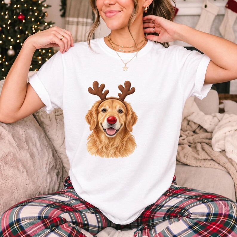 Comfort Colors Golden Retriever Christmas Shirt, Reindeer Golden Retriever Tee, Dog Christmas T-shirt, Golden Mom Holiday Shirt