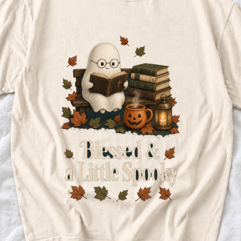Cute ghost with glasses reading a Bible with a candle and mug, text "Blessed & a Little Spooky", retro fall illustration