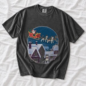 Comfort Colors Santa Sleigh Huskies Shirt, Christmas Village Husky Tee, Retro Santa Sled Dogs T-shirt, Husky Lover Holiday Shirt, Husky Tee