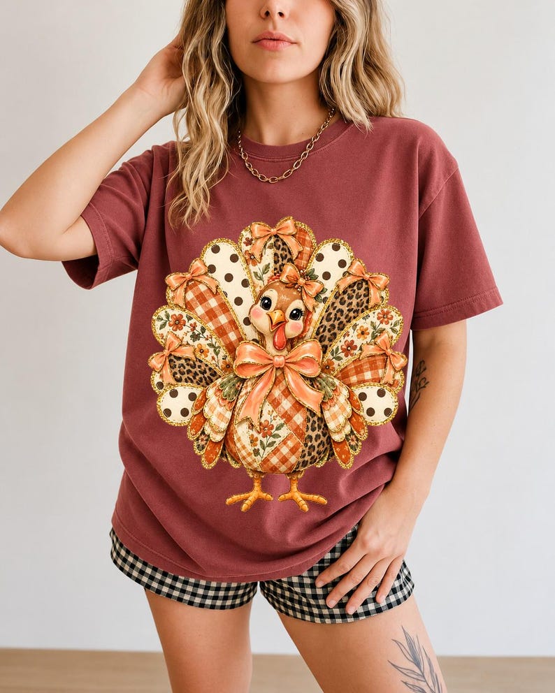 Turkey with patchwork fabric tail feathers decorated with bows on a cream and polka-dot stripe background