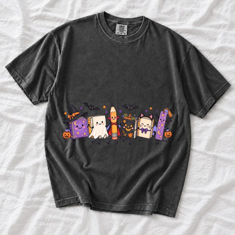 Kawaii books, pencil and bookmark with faces in Halloween costumes, pastel purple and orange