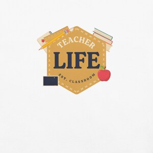 Teacher Life Shirt, Faux Patchwork School Supplies Comfort Colors Tee; White Comfort Colors 1717 shirt, close-up of the actual front print