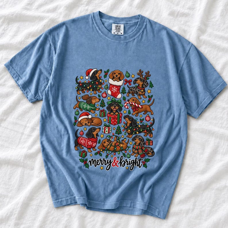 Comfort Colors Merry and Bright Dachshund Shirt, Christmas Doxie Tee, Cute Wiener Dog Christmas T-shirt, Dachshund Mom Holiday Shirt