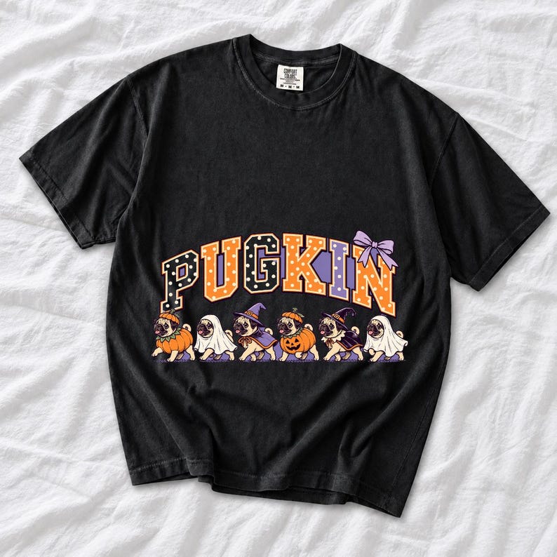 Six pugs in pumpkin, ghost and witch costumes under the arched word PUGKIN, lavender and orange polka-dot varsity style