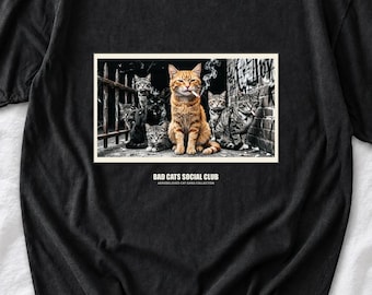 Lustiges Katzen-Shirt, Bad Cats Social Club T-Shirt, Retro-Katzen-Gang-T-Shirt, Retro-Katzenliebhaber-T-Shirt, Comfort Colors Katzen-Shirt