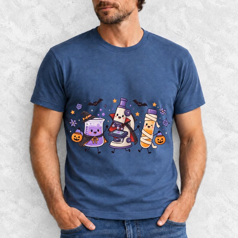 Kawaii beaker, microscope and test tube with faces in Halloween costumes, pastel purple and orange