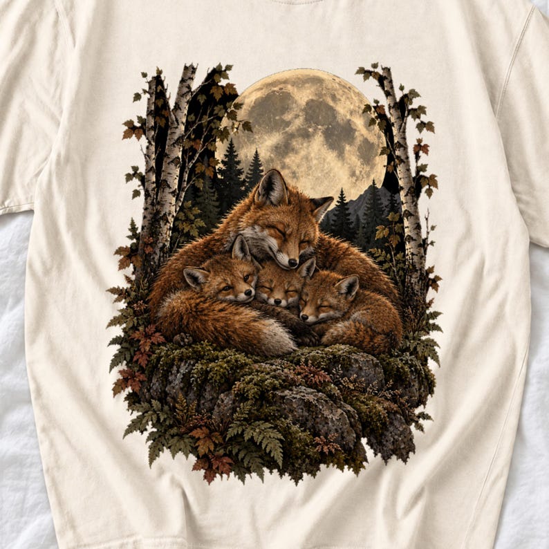 Fox family curled on a rock under a huge full moon among birch trees, dark realistic woodland illustration