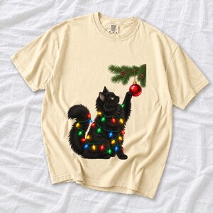 Comfort Colors Black Cat Christmas Shirt, Funny Cat Ornament Tee, Black Cat Christmas Lights T-shirt, Cat Mom Holiday Shirt