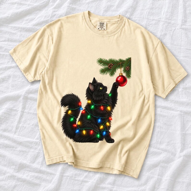Comfort Colors Black Cat Christmas Shirt, Funny Cat Ornament Tee, Black Cat Christmas Lights T-shirt, Cat Mom Holiday Shirt