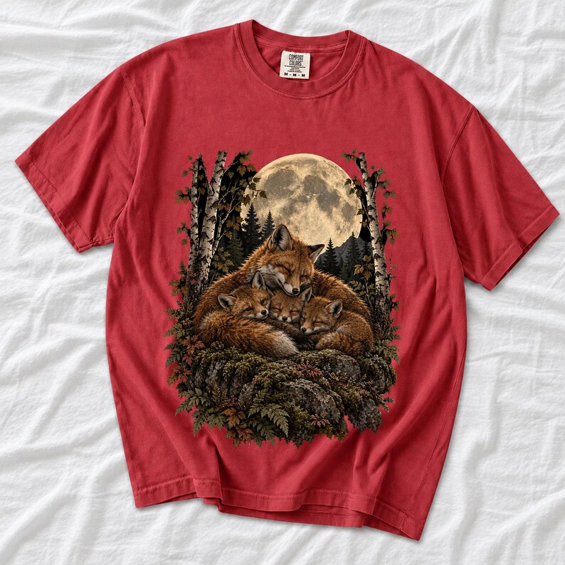 Fox family curled on a rock under a huge full moon among birch trees, dark realistic woodland illustration