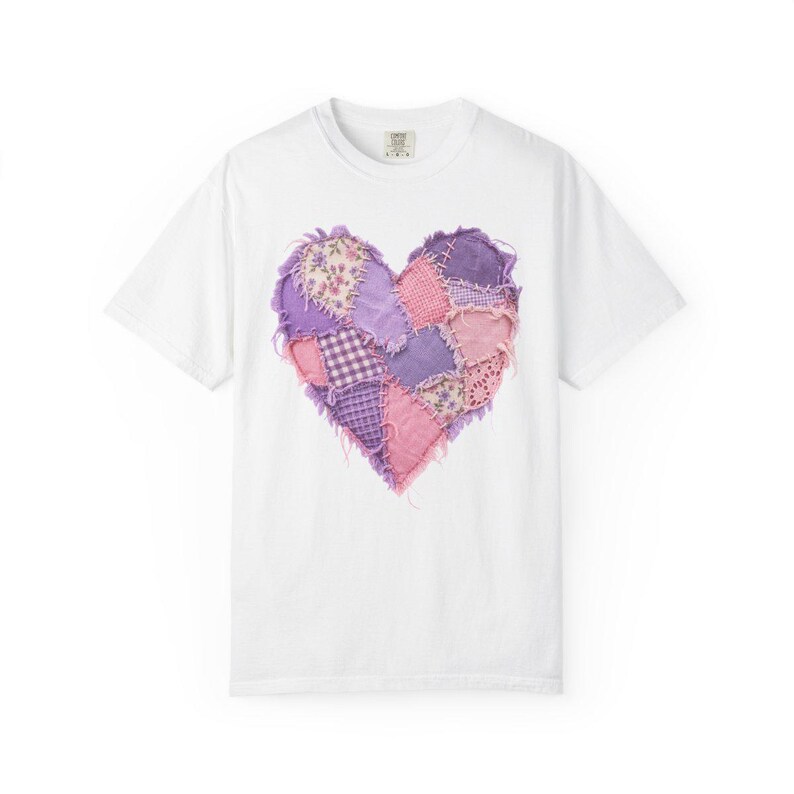 Comfort Colors Lavender Patchwork Heart Shirt, Quilt Heart Tee, Pastel Heart Valentine T-shirt, Valentines Day Heart Shirt Women — Printify product mockup