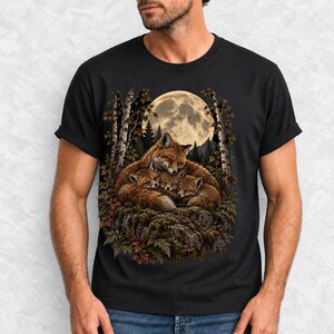 Fox family curled on a rock under a huge full moon among birch trees, dark realistic woodland illustration