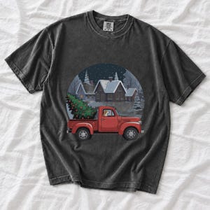 Comfort Colors Red Truck Christmas Tree Shirt, Retro Christmas Truck Tee, Snowy Village Red Truck T-shirt, Farmhouse Christmas Shirt