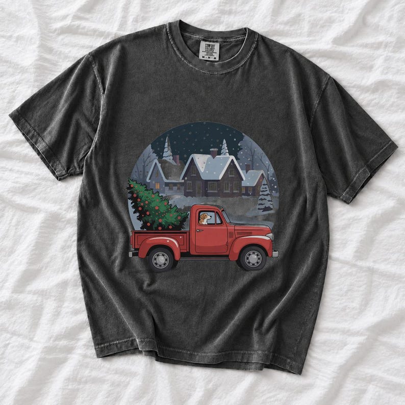 Comfort Colors Red Truck Christmas Tree Shirt, Retro Christmas Truck Tee, Snowy Village Red Truck T-shirt, Farmhouse Christmas Shirt