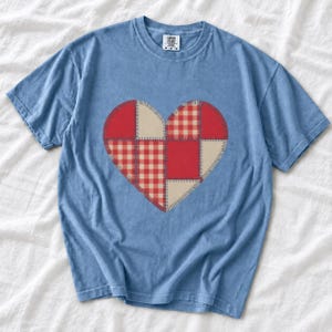 Comfort Colors Gingham Patchwork Heart Shirt, Red Heart Valentine Tee, Red Plaid Heart T-shirt, Valentines Day Heart Shirt Women