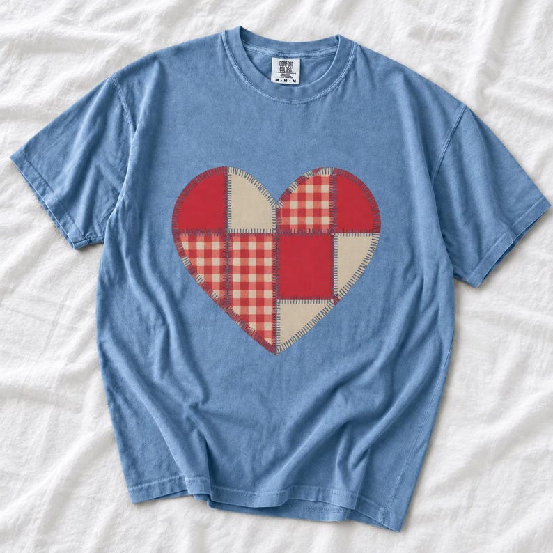 Comfort Colors Gingham Patchwork Heart Shirt, Red Heart Valentine Tee, Red Plaid Heart T-shirt, Valentines Day Heart Shirt Women