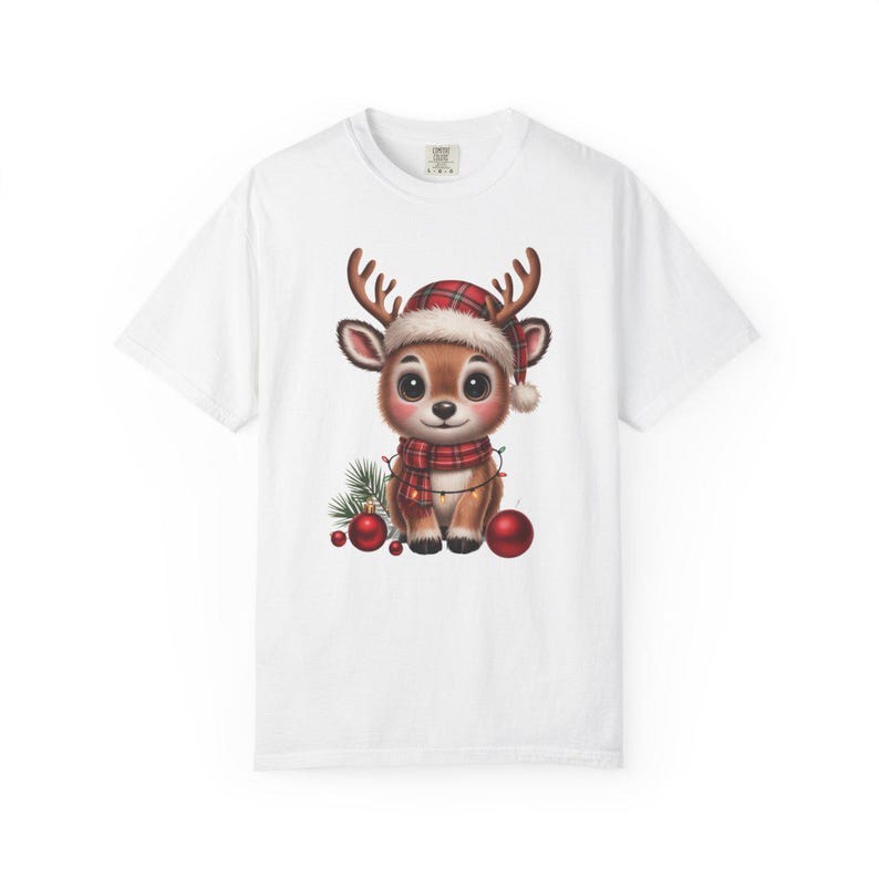 Comfort Colors Baby Reindeer Christmas Shirt, Cute Reindeer Santa Hat Tee, Christmas Reindeer T-shirt, Plaid Reindeer Holiday Shirt — Printify product mockup