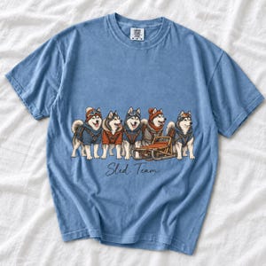 Illustrated huskies in ski gear lined up with a sled, text Sled Team