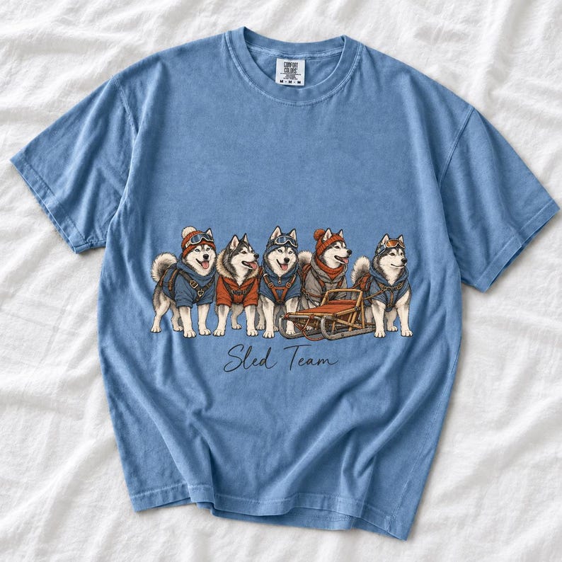 Illustrated huskies in ski gear lined up with a sled, text Sled Team