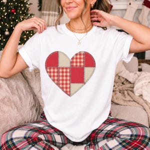 Comfort Colors Gingham Patchwork Heart Shirt, Red Heart Valentine Tee, Red Plaid Heart T-shirt, Valentines Day Heart Shirt Women