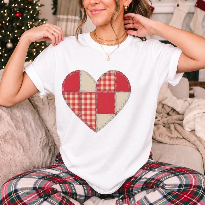Comfort Colors Gingham Patchwork Heart Shirt, Red Heart Valentine Tee, Red Plaid Heart T-shirt, Valentines Day Heart Shirt Women