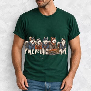 Illustrated huskies in ski gear lined up with a sled, text Sled Team