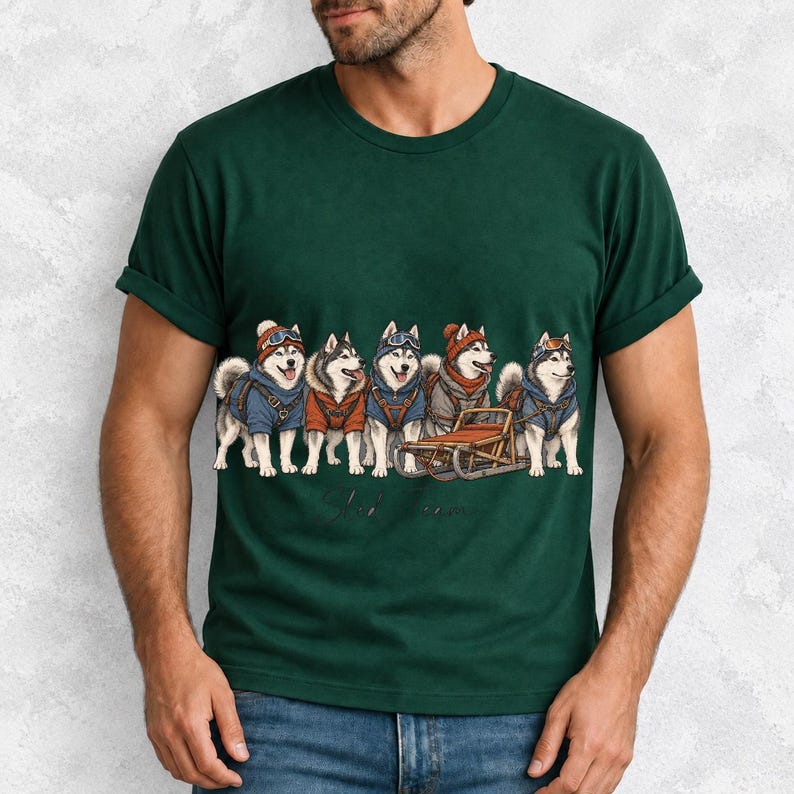 Illustrated huskies in ski gear lined up with a sled, text Sled Team