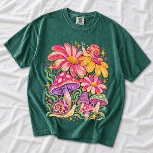 Retro 70s psychedelic glitter daisies and snails with groovy stars in pink, mustard, violet and mint