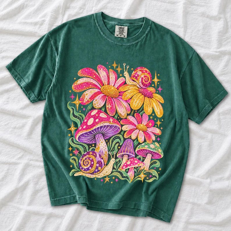 Retro 70s psychedelic glitter daisies and snails with groovy stars in pink, mustard, violet and mint