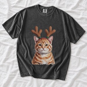Comfort Colors Cat Reindeer Antlers Shirt, Orange Tabby Cat Christmas Tee, Grumpy Cat Reindeer T-shirt, Cat Mom Holiday Shirt, Cat Xmas Tee