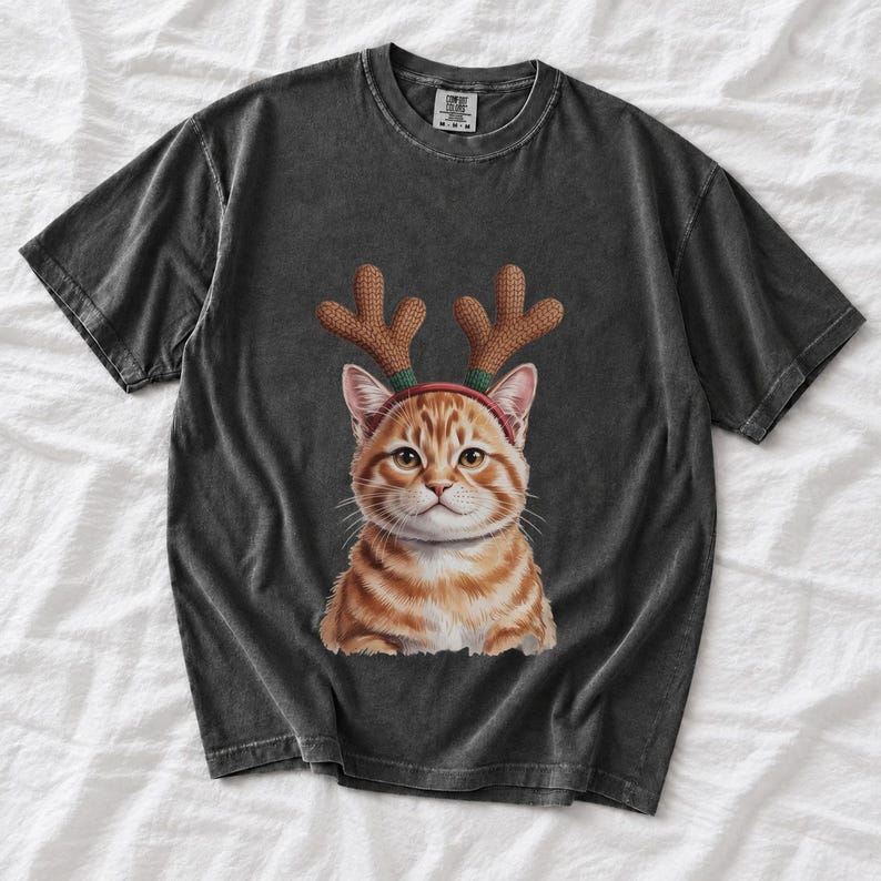 Comfort Colors Cat Reindeer Antlers Shirt, Orange Tabby Cat Christmas Tee, Grumpy Cat Reindeer T-shirt, Cat Mom Holiday Shirt, Cat Xmas Tee