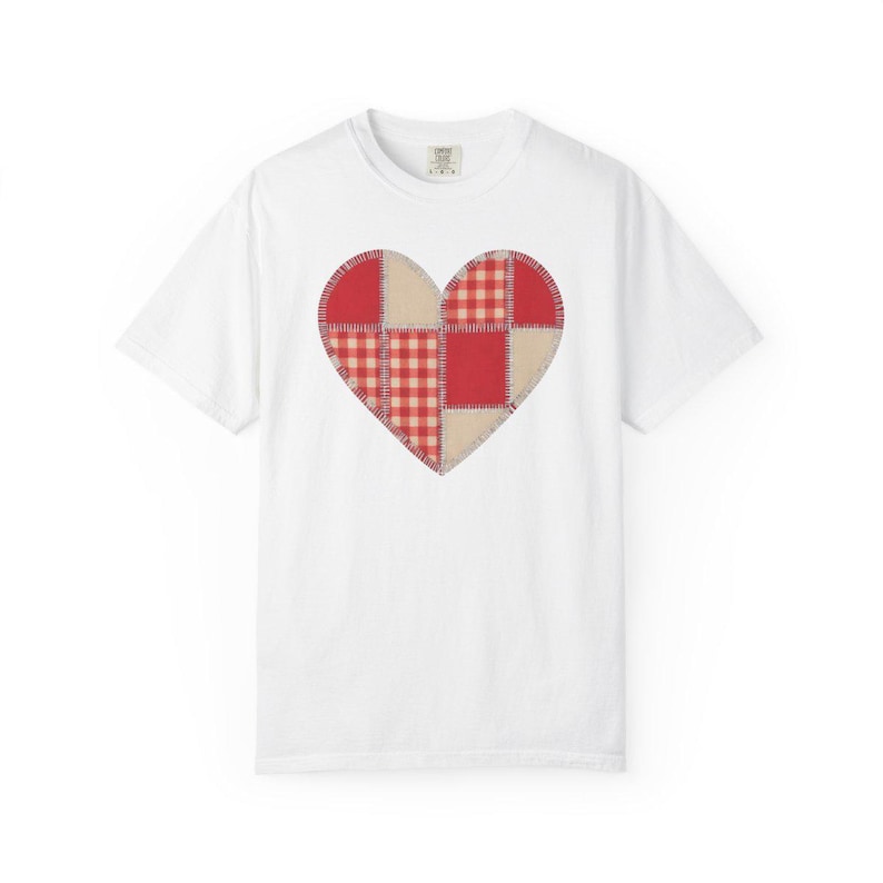 Comfort Colors Gingham Patchwork Heart Shirt, Red Heart Valentine Tee, Red Plaid Heart T-shirt, Valentines Day Heart Shirt Women — Printify product mockup