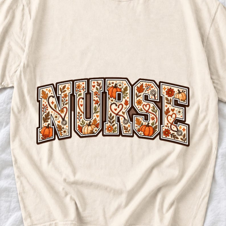 Arched varsity word NURSE filled with autumn leaves, stethoscopes and pumpkins in cream, rust and mustard