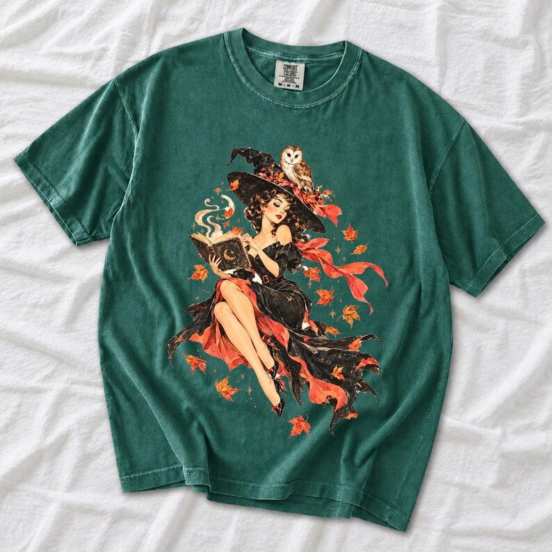 Retro 1950s pin-up witch floating while reading a spell book with an owl on her hat, autumn leaves