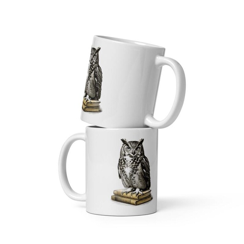 Owl Mug, Great Horned Owl Coffee Mug, Owl on Books Cup, Dark Academia Owl Mug, Retro Owl Lover Coffee Mug Gift image 2