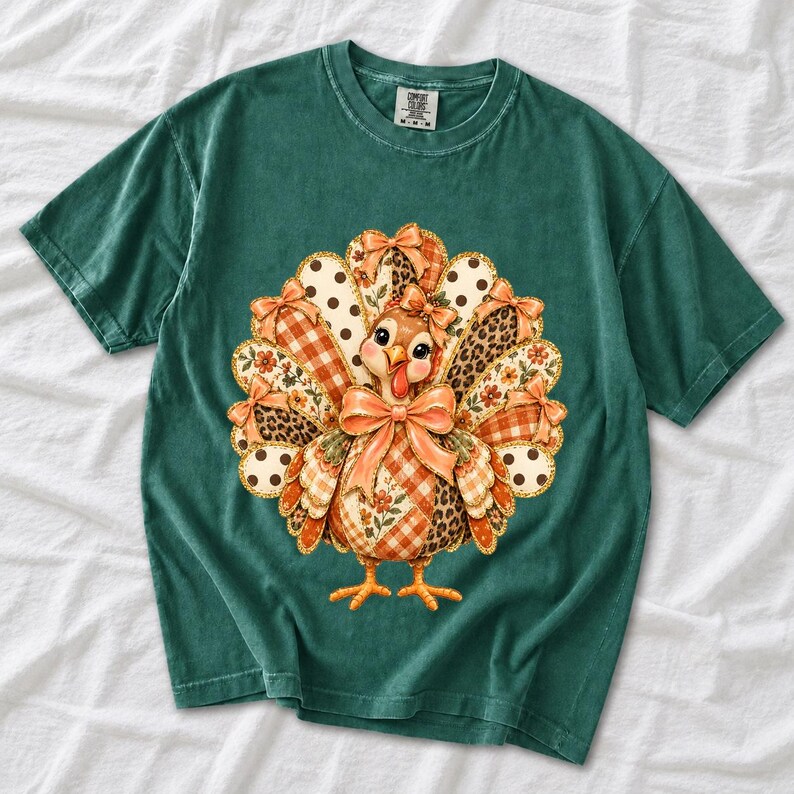 Turkey with patchwork fabric tail feathers decorated with bows on a cream and polka-dot stripe background