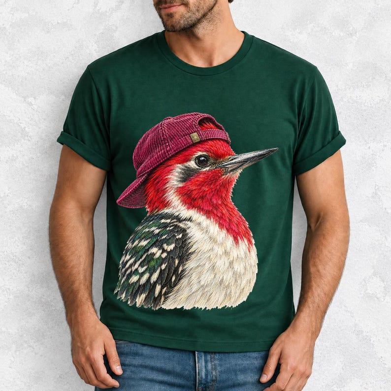 Colored-pencil red-headed woodpecker in side profile wearing a backwards corduroy cap, funny birder t-shirt graphic